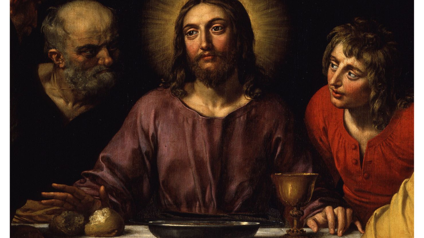 Jesus is often depicted at the Last Supper with a cup, as depicted here by Frans Pourbus the Younger, in a painting at the Louvre.