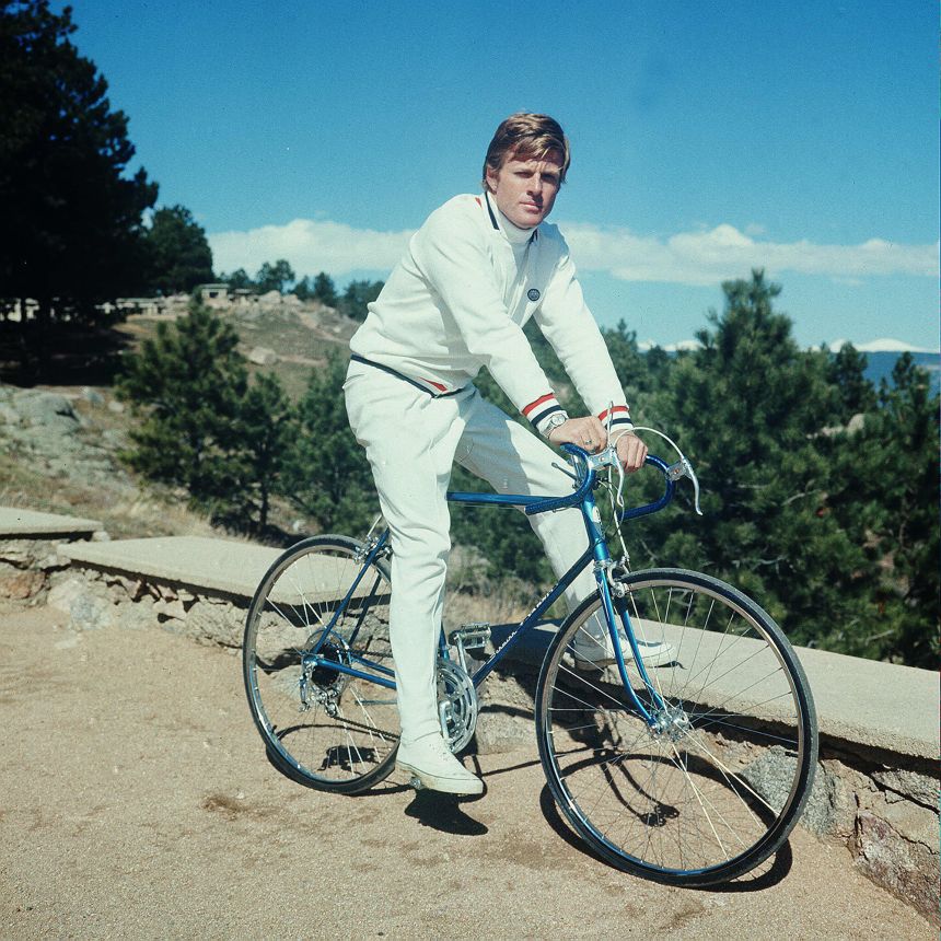 There was at times a sporty edge to Redford's style, shown here in 1969. He was often seen in the classic tricolor of red, white and blue.
