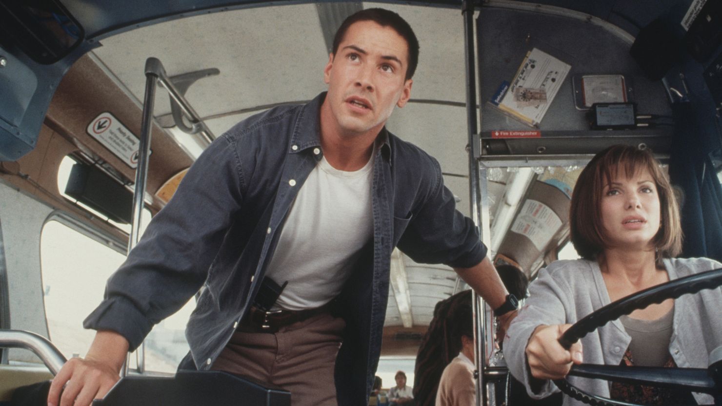 Keanu Reeves and Sandra Bullock in a scene from the 1994 film "Speed."