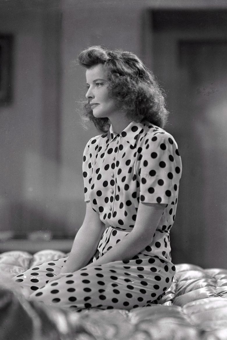 The full polka dot look worn by actor Katharine Hepburn in the 1942 film, "Woman Of The Year," was among her memorable on-screen style.