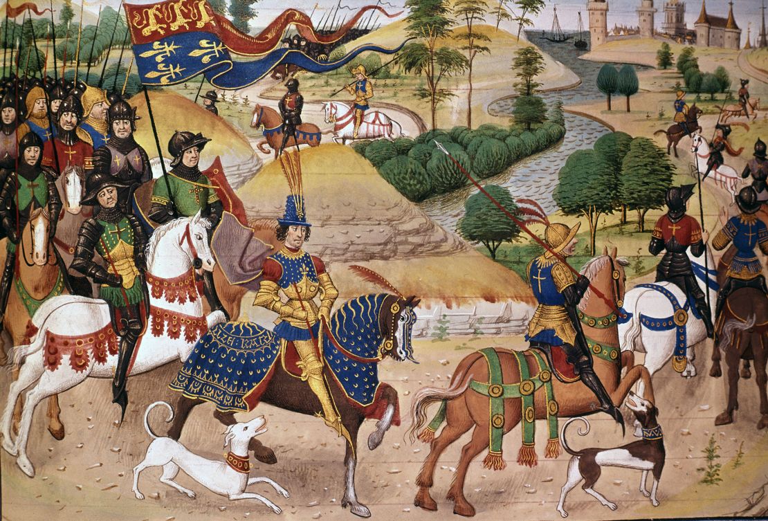 A 15th-century illustration of the 12th-century Richard the Lionheart, King of England, and his men.