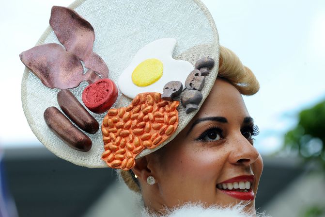 <strong>Fashionable fry up:</strong> A hat in the shape of a full English breakfast plate is worn at the Royal Ascot Ladies Day horse racing event.