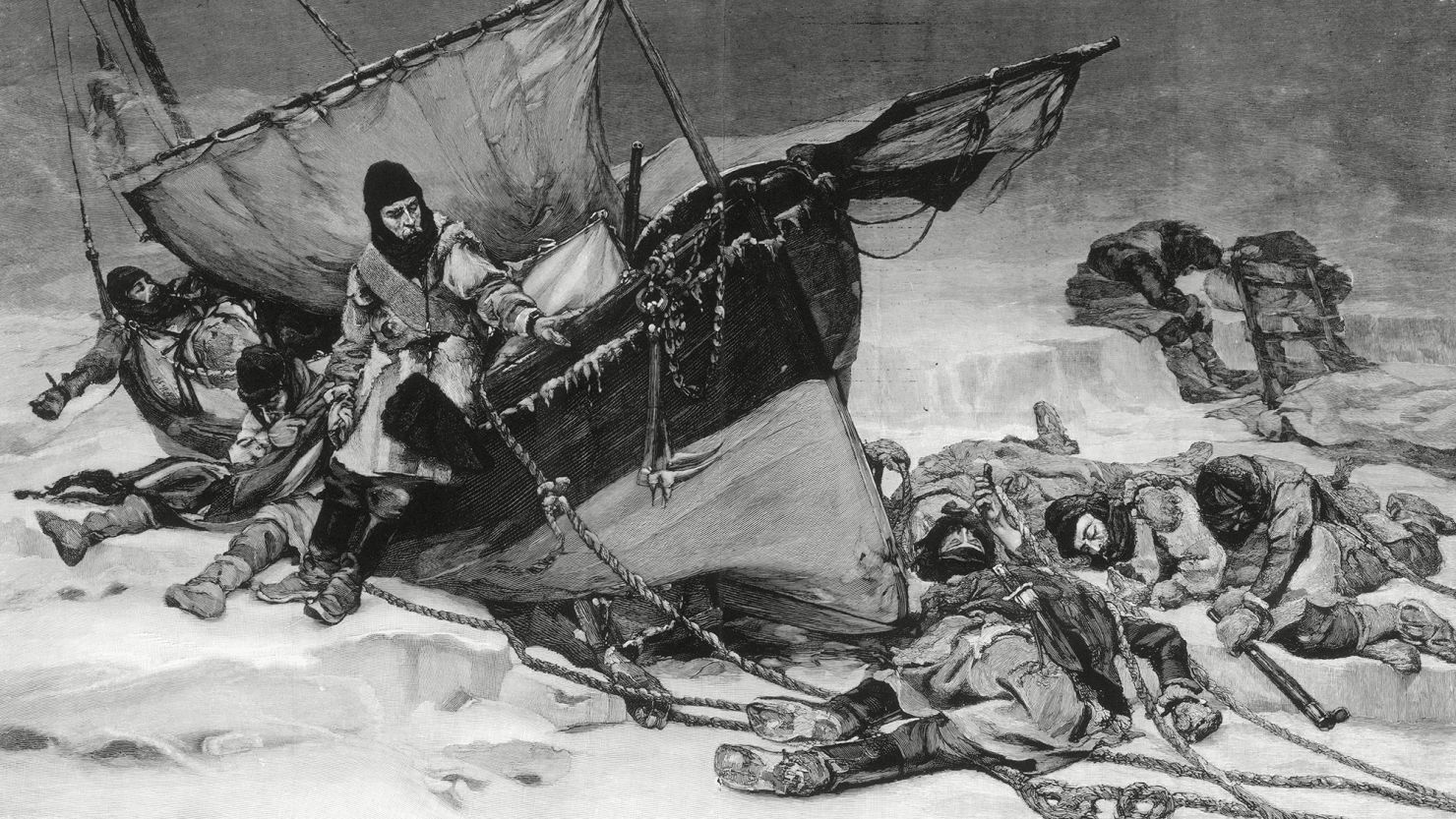 An engraving shows the end of Sir John Franklin's ill-fated Arctic expedition based on a painting by British artist W. Thomas Smith exhibited in the Royal Academy in 1896.