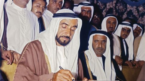 Sheikh Zayed signing the Federation on December 2nd, 1971 at the Union House. The signature that sealed the Federation of the UAE, perhaps the most pivotal moment for Sheikh Zayed and the Founding Fathers.