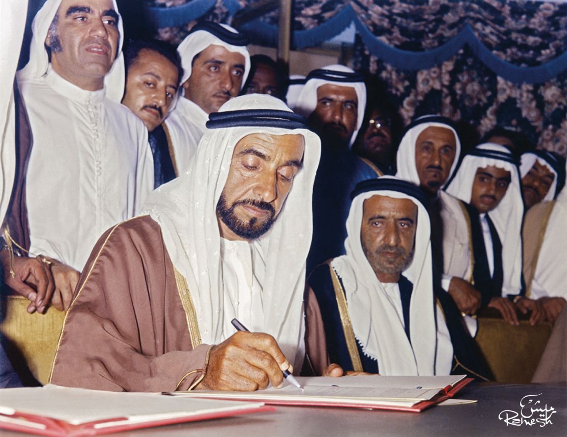 Sheikh Zayed Bin Sultan Al Nahyan, the late emir of Abu Dhabi, signing the agreement to form the UAE’ on December 2, 1971.