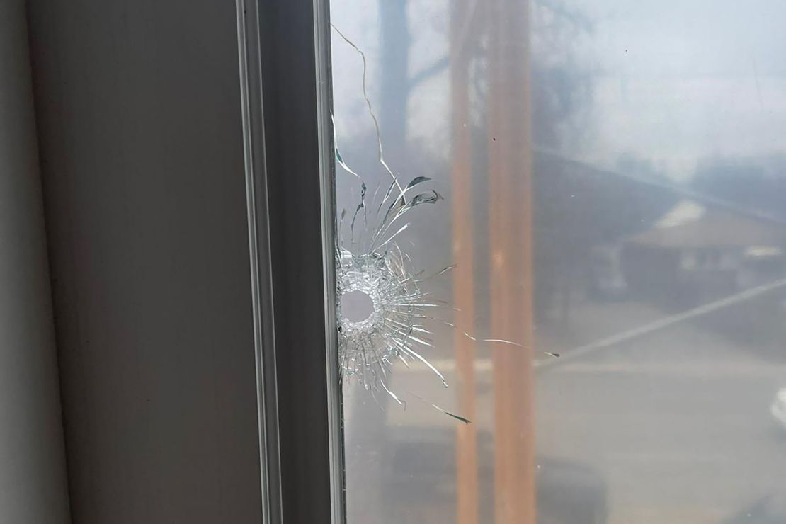 The bullet hole in Gosal's home in Brampton, Ontario.