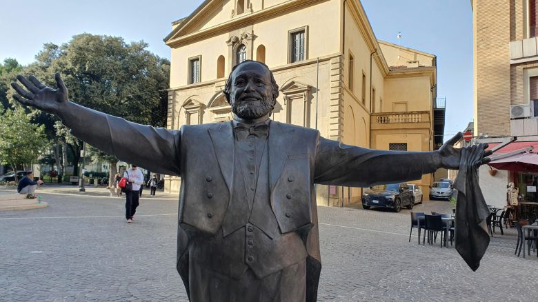 A skating rink was built around a statue honoring Italian singer Luciano Pavarotti. This file photo is from last month.