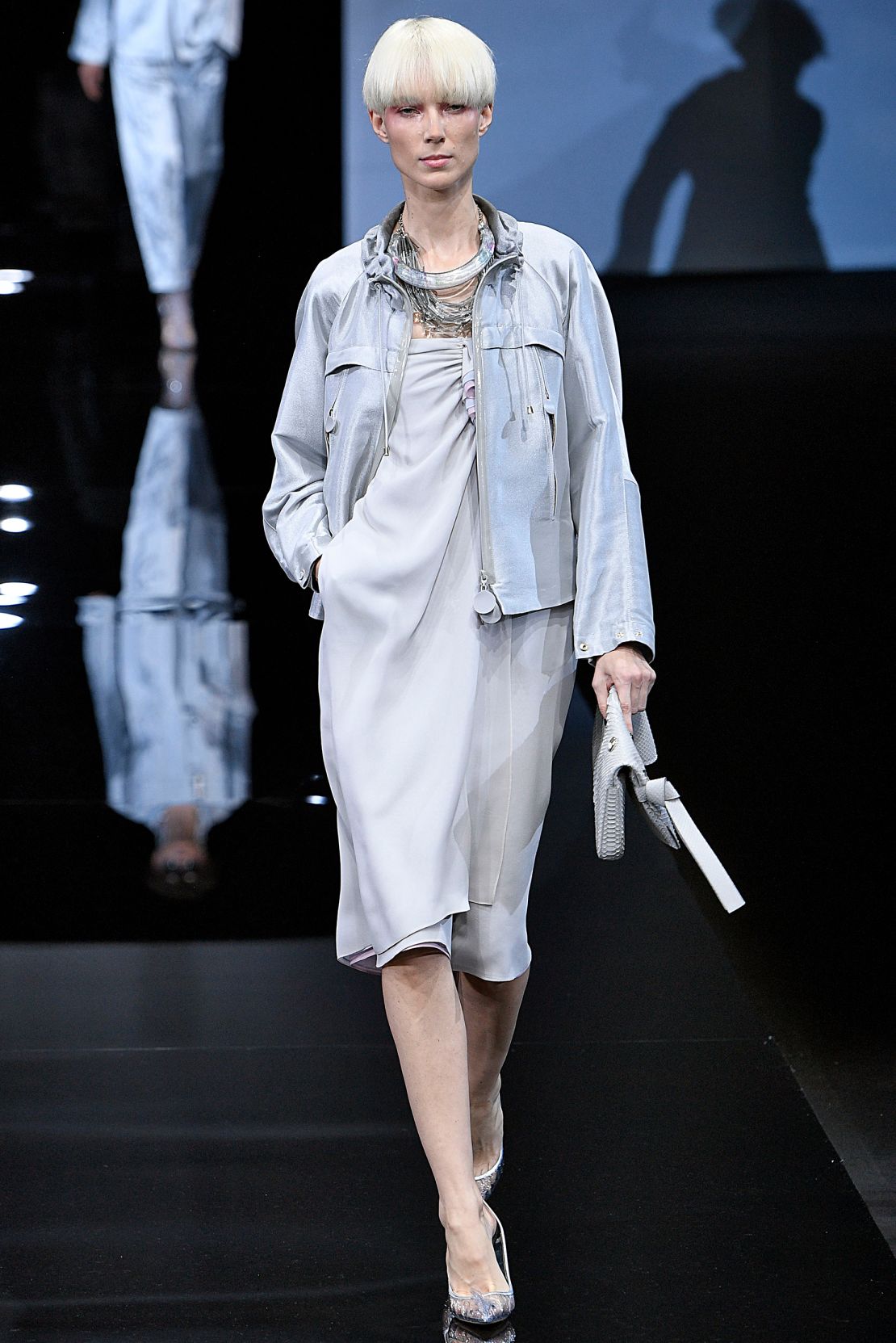 Much of Armani's oeuvre can be defined by "greige," a color that reoccurs throughout his collections like a trusty leitmotif, shown here at Milan Fashion Week during his Spring-Summer 2019 show.