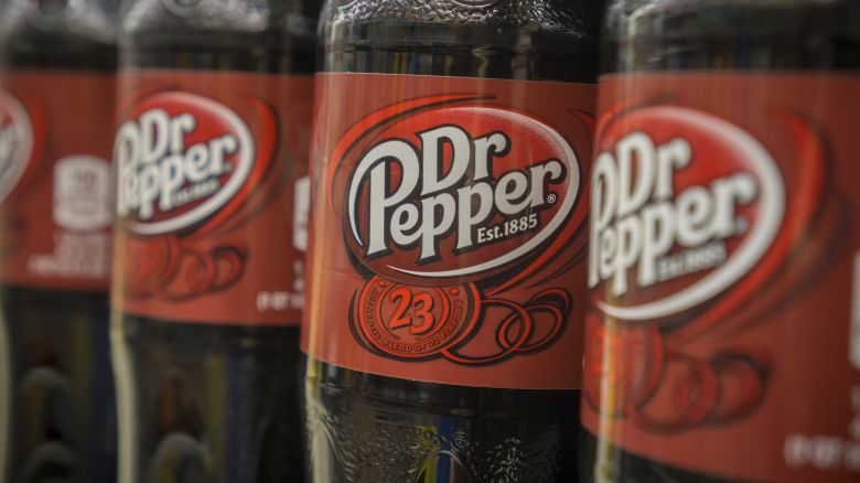 Bottles of Dr. Pepper soda on a supermarket shelf in New York on January 29, 2018.