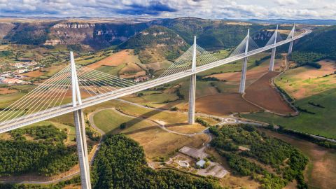 November 2020 - Aerial view Millau viaduct by architect Norman Foster, between Causse du Larzac and Causse de Sauveterre above Tarn, Aveyron, France. Cable-stayed bridge spanning the Tarn River Valley. A75 motorway, built by Michel Virlogeux and Norman Foster, located between Causses de Sauveterre and Causses du Larzac above Tarn River, Natural Regional Park of Grands Causses.  (Photo by Sergi Reboredo/Sipa USA)