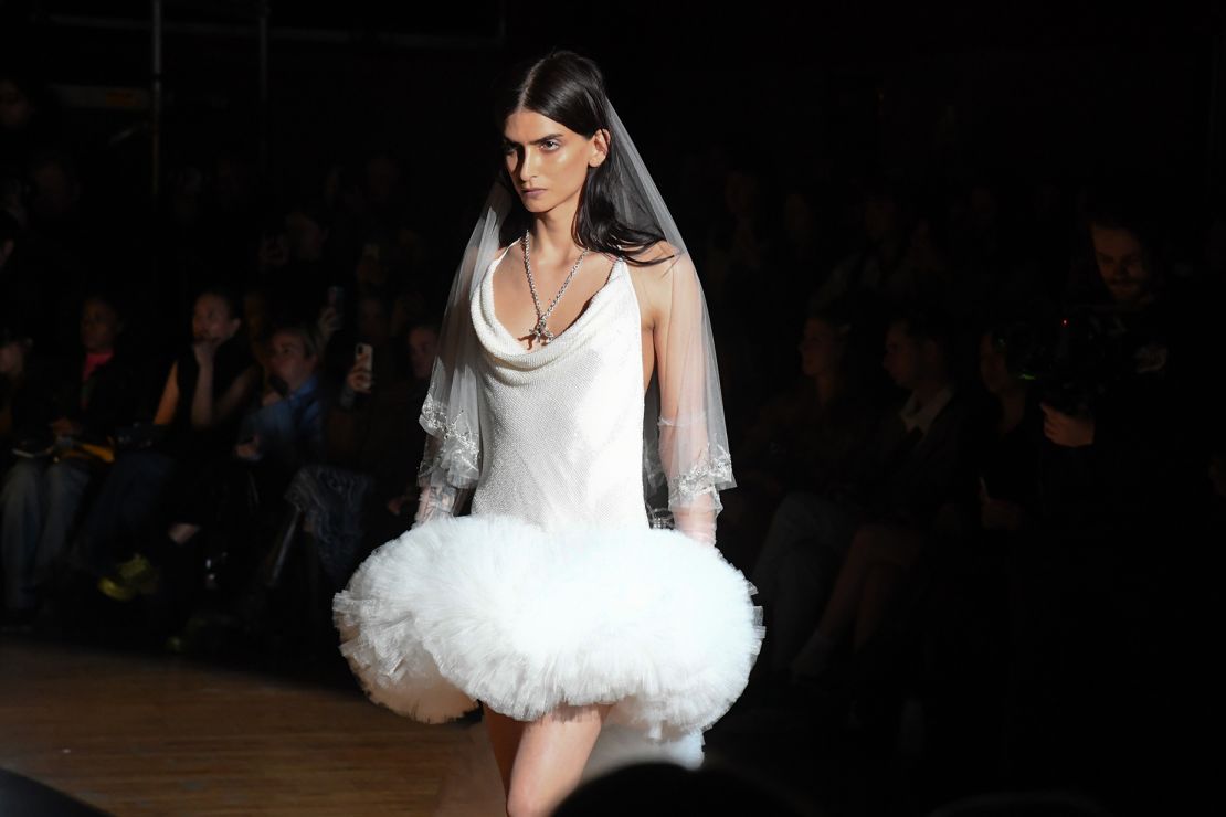 Emerging brands and designers — as well as retailers like Ssense and Asos — are looking to cash in by offering unexpected wedding attire, such as suit dresses and baggy trousers. Others are launching made-to-order bridal boutiques alongside their direct-to-consumer businesses. Pictured above: A model walks the runway at the Wiederhoeft show during New York Fashion Week on February 15, 2023.