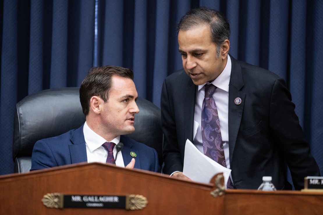 Chairman Mike Gallagher, R-Wis., and ranking member Rep. Raja Krishnamoorthi, D-Ill., arrive for the Select Committee on the Strategic Competition Between the United States and the Chinese Communist Party meeting on the adoption of two committee reports in Rayburn Building on Wednesday, May 24, 2023.