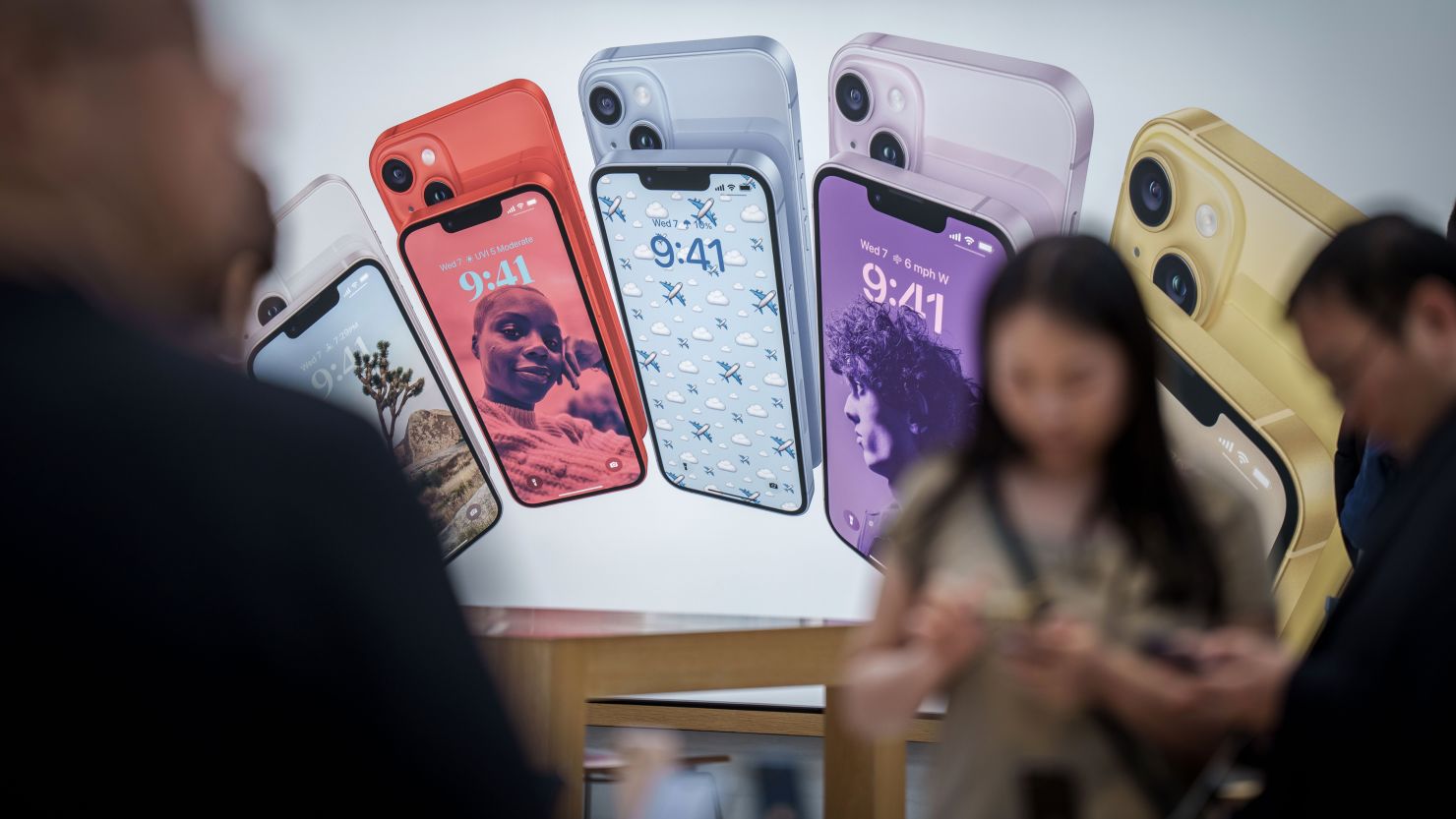iPhones are on display at the Apple Store on 5th Avenue in Manhattan.