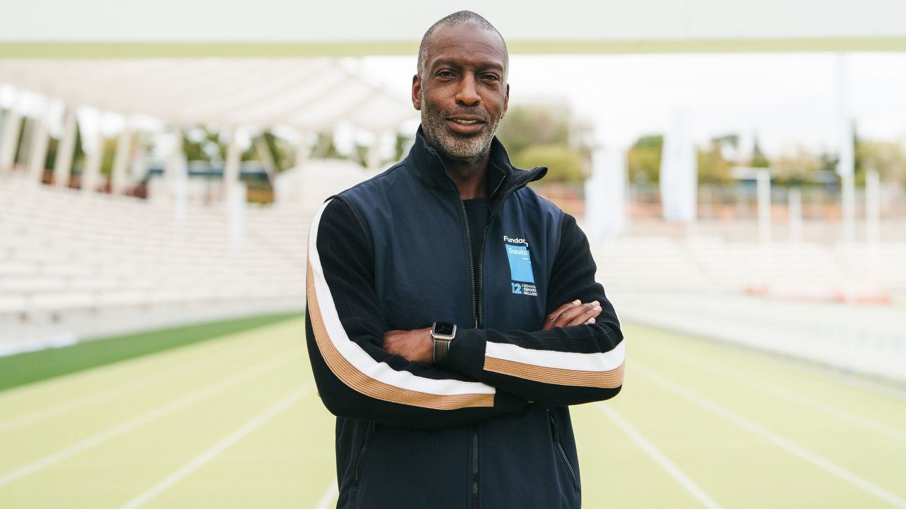 The American athlete Michael Johnson during the presentation of the 12th Inclusive Sports Week of the Sanitas Foundation at the Vallehermoso stadium in Madrid, October 25, 2023, Spain (Photo by Oscar Gonzalez/Sipa USA)