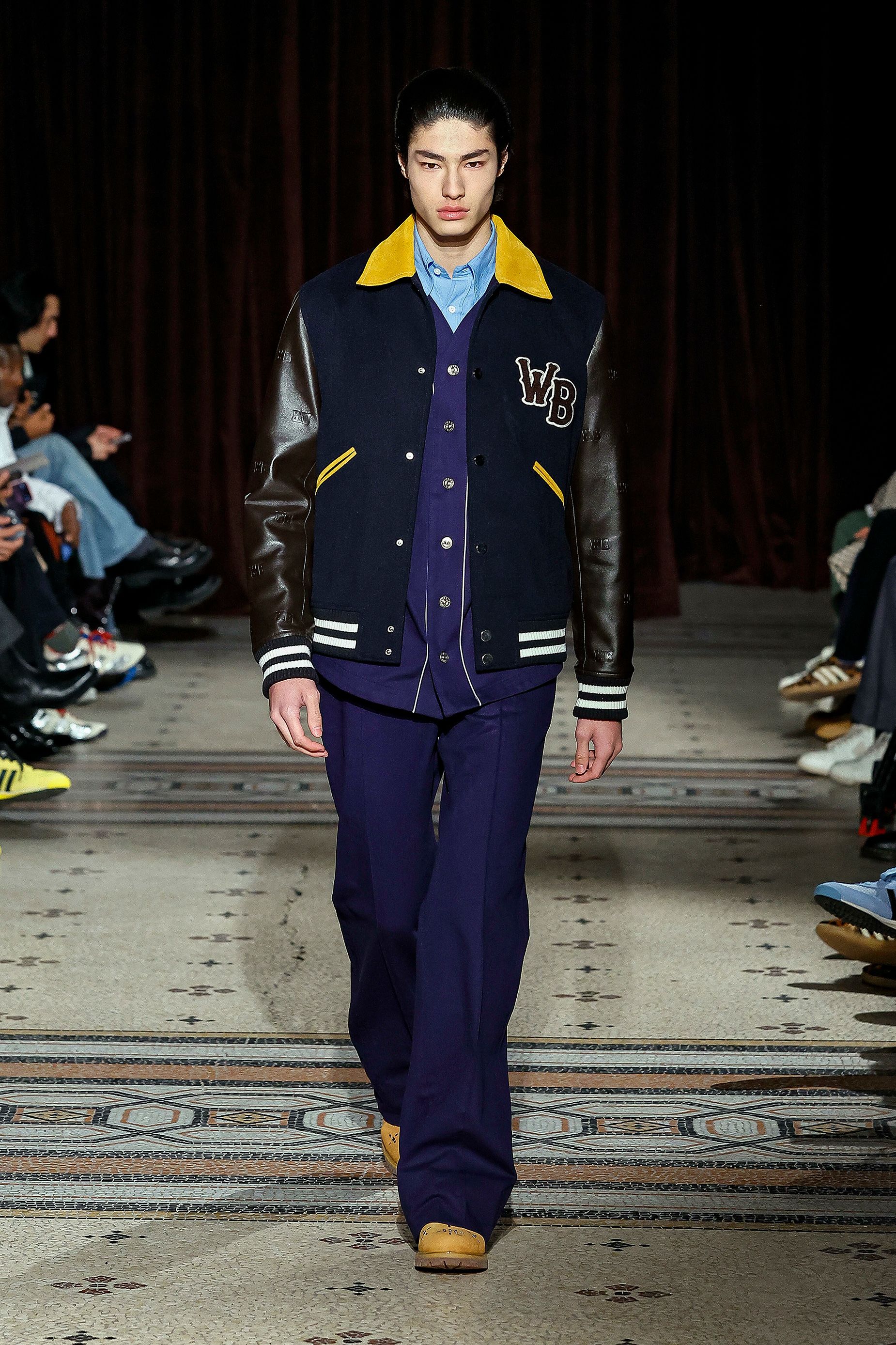 Wales Bonner's collection featured varsity jackets and crew sweaters inspired by American colleges.