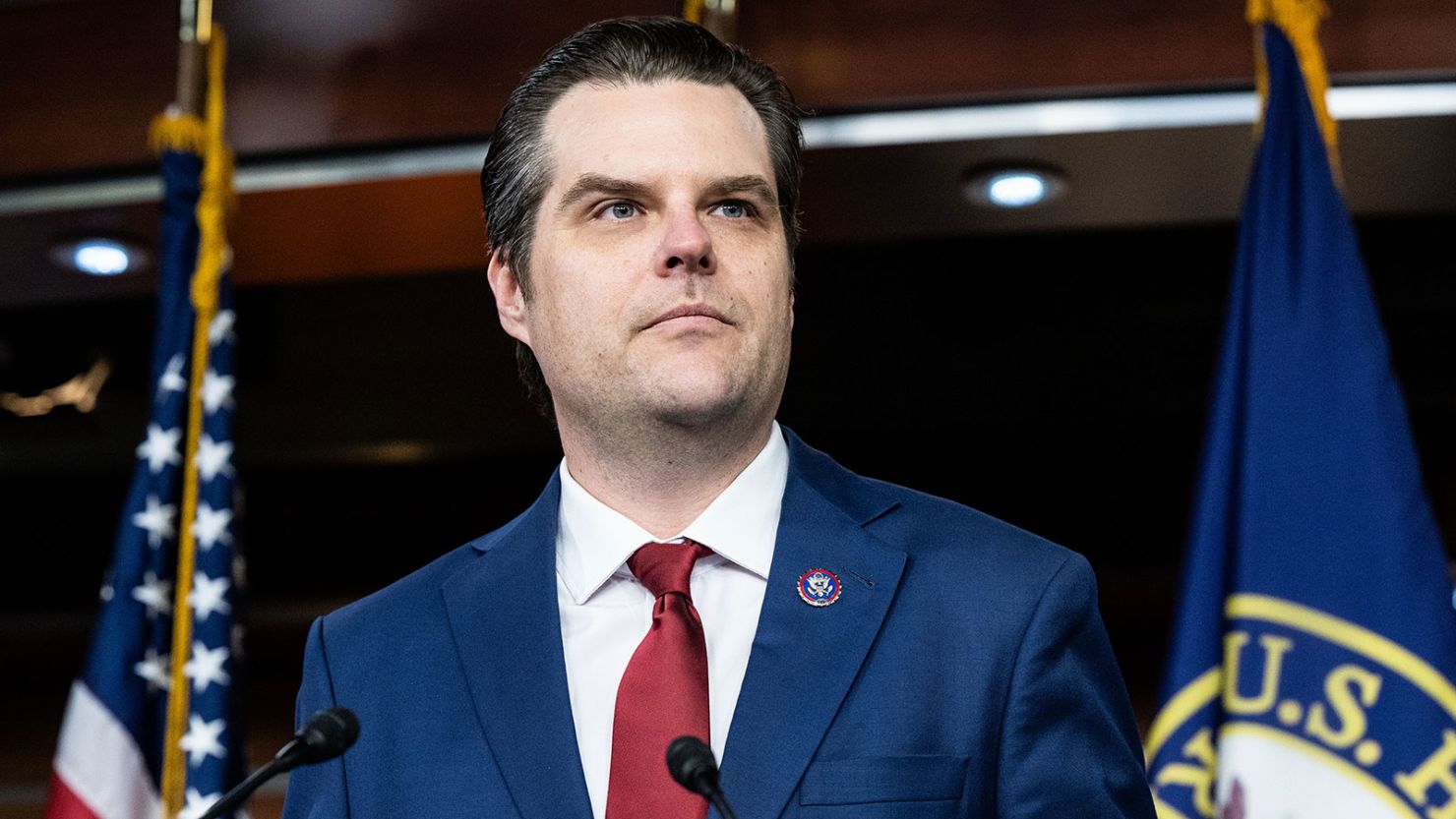Rep. Matt Gaetz, a Florida Republican, is seen at a news conference at the US Capitol on January 18 2024.