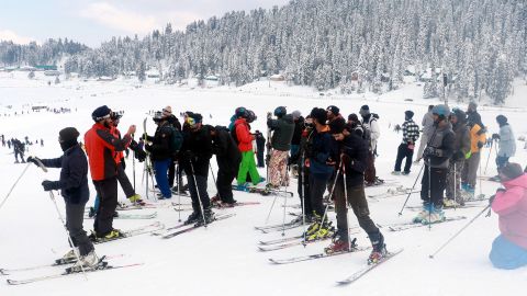 Baramulla, Feb 11 (ANI): Tourists enjoy skiing on the snow-covered area of the Gulmarg Ski resort after the snowfall, in Baramulla on Sunday. (ANI Photo via Hindustan Times/Sipa USA)