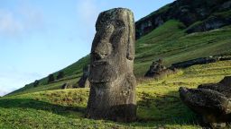 (240409) -- EASTER ISLAND, April 9, 2024 (Xinhua) -- This photo taken on April 5, 2024 shows a Moai stone statue on Easter island of Chile. Easter Island, known for its giant stone-carved heads facing out to sea, is located at the southernmost point of the Polynesian Triangle in the South Pacific, and is considered one of the world's remotest inhabited regions. (Xinhua/Zhu Yubo) (Photo by Xinhua/Sipa USA)