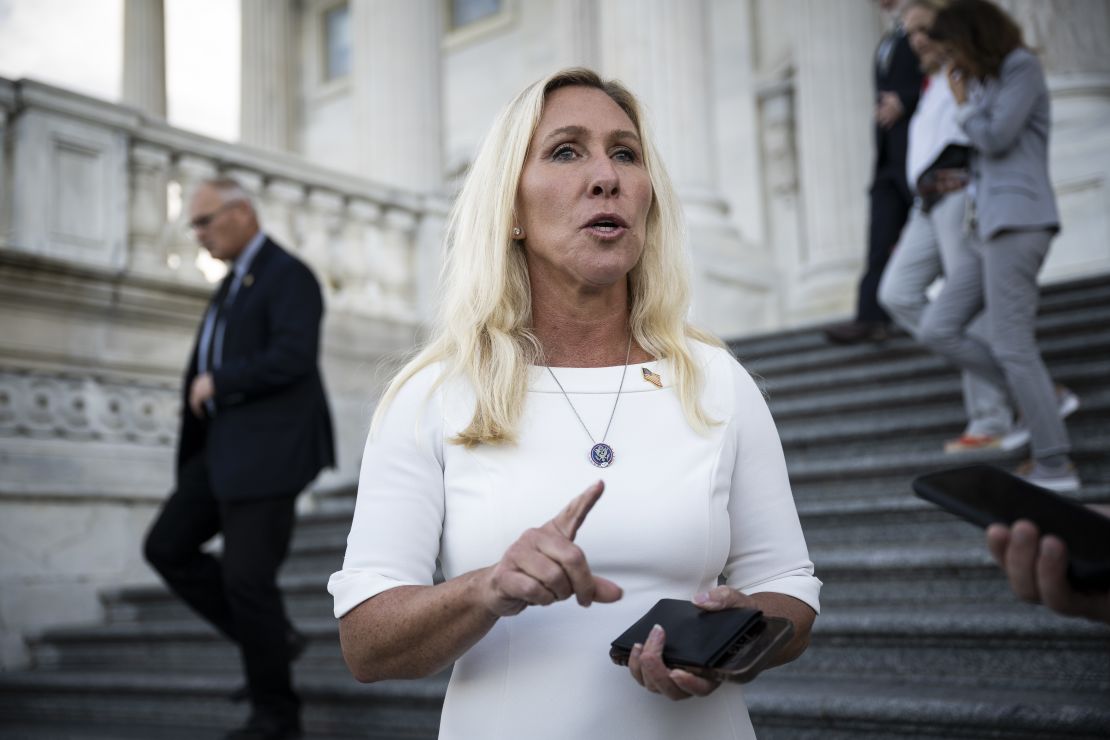 Republican Rep. Marjorie Taylor Greene of Georgia speaks to media outside the US Capitol, in Washington, DC, on July 22, 2024.