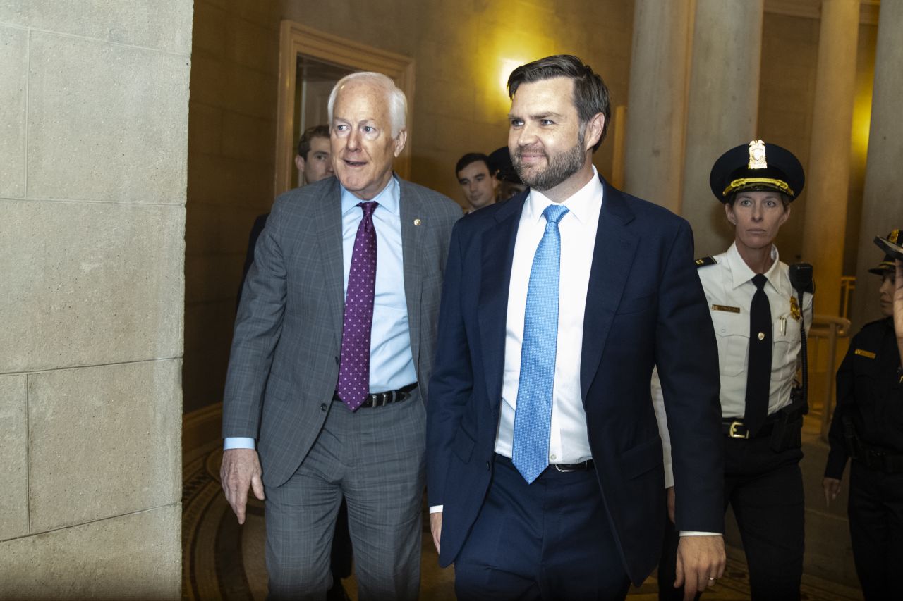 Sen. John Cornyn and Vice President-elect JD Vance briefly speak to the press after meeting with Republican members of the Senate, including members of the Judiciary Committee, on November 20, in Washington, DC.