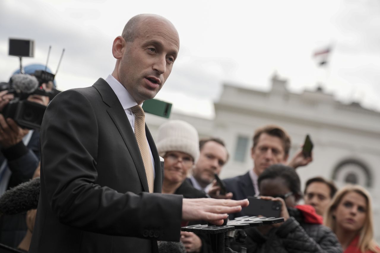 Stephen Miller, deputy White House chief of staff for policy speaks with members of the media outside the White House in Washington, DC, on Friday.