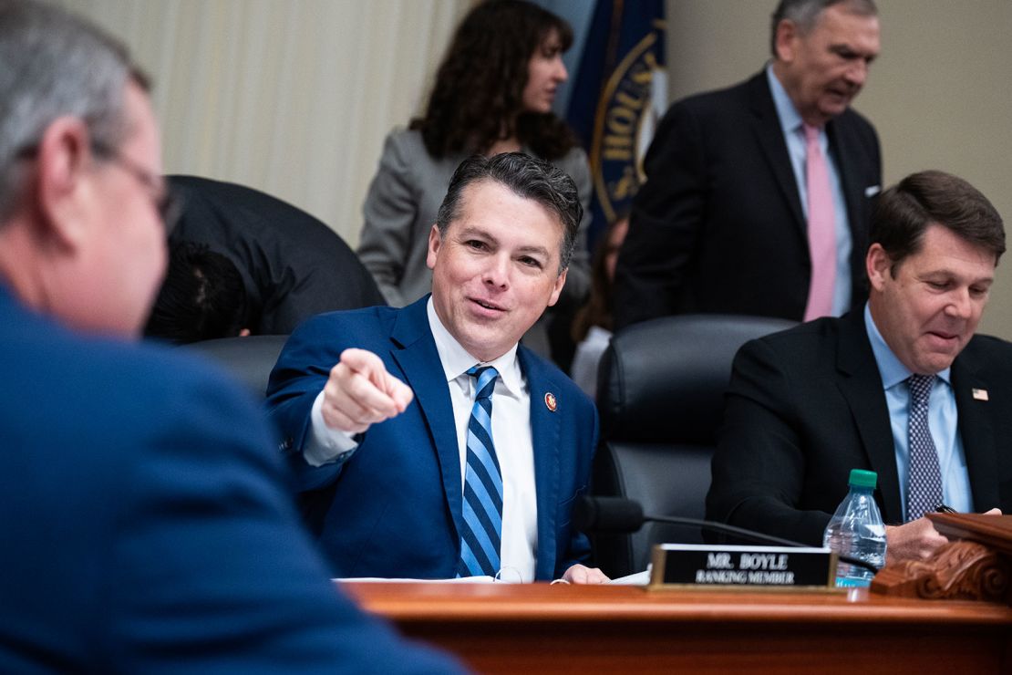 Ranking member Rep. Brendan Boyle, (D-PA, center) and Chairman Jodey Arrington (R-Texas, right) attend the House Budget Committee markup of the budget resolution for FY2025 in Cannon building on Thursday, February 13, 2025. Rep. Tim Moore (R-NC) appears at left.