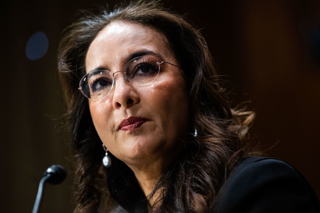 Harmeet Dhillon testifies during her Senate Judiciary Committee confirmation hearing on February 26.