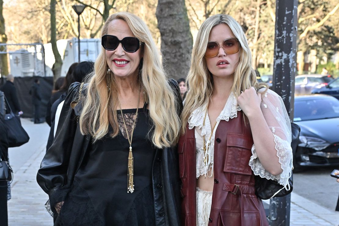 Models Jerry Hall and daughter Georgia May Jagger dressed in Chloé blouses.