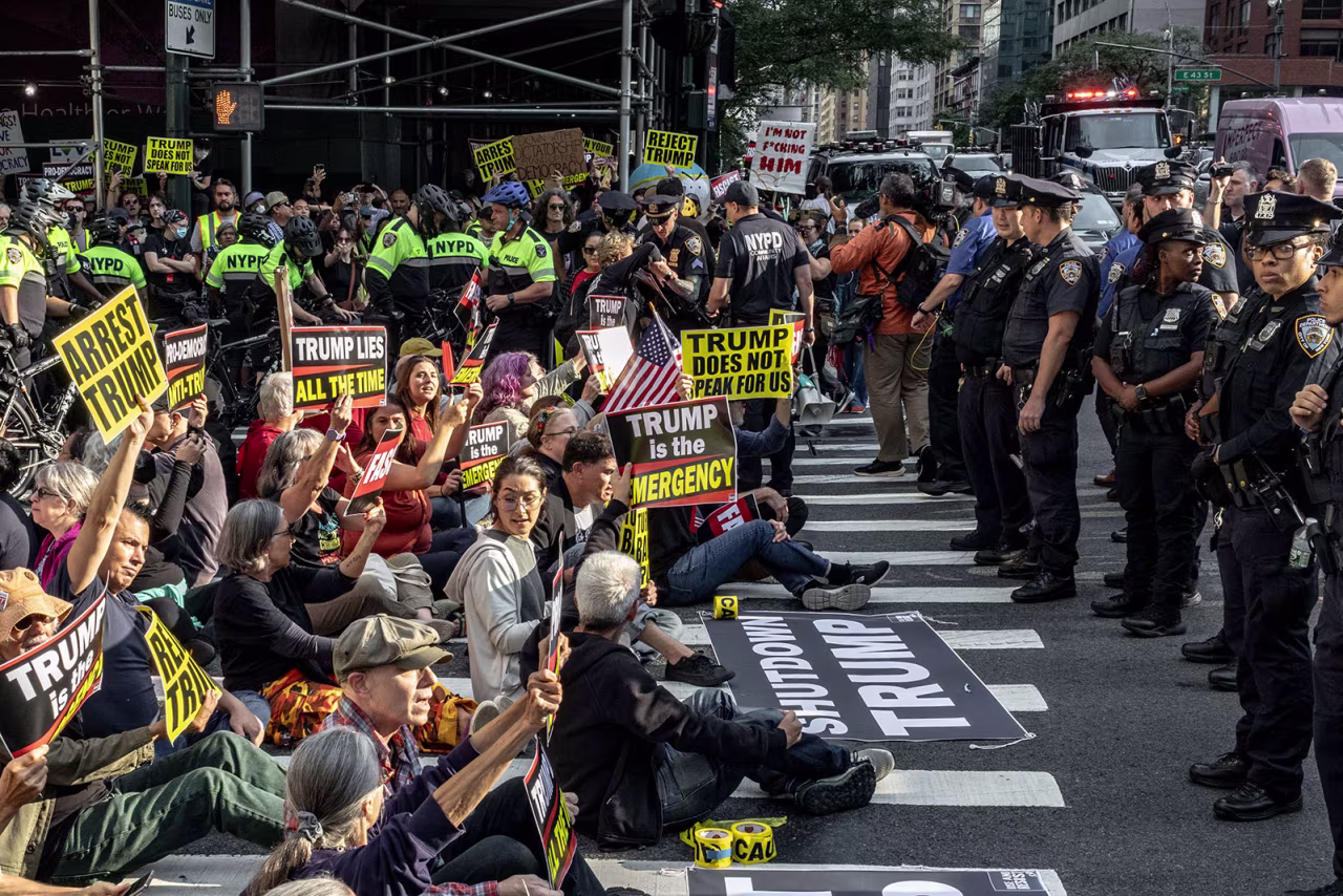 Protestors rallied and blocked street intersections outside the United Nations on Tuesday in New York. The blockade came ahead of President Donald Trump's remarks at the United Nations General Assembly.