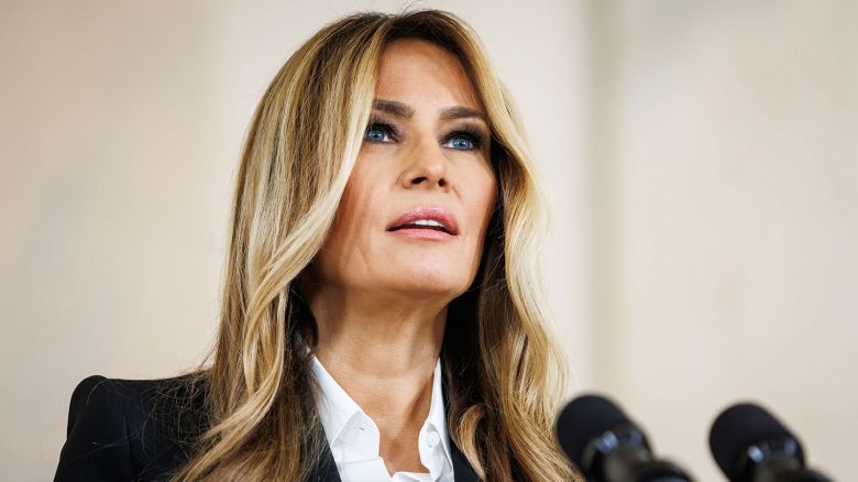 First lady Melania Trump announces the return of Ukrainian children taken from their country by Russia in remarks at the White House on October 10, 2025.