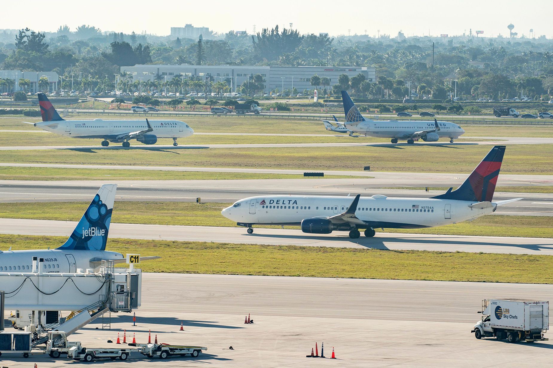 Jets at Palm Beach International Airport in Florida. North America has maintained a fatality risk of zero since 2020, says IATA.