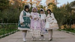 From left: Bianca, Lauren, Kandace, and Nghi after a tea party in the Morcom Rose Garden in Oakland, California, on Feb. 25, 2021. The book Alice in Wonderland, as well as Rococo fashion, are a source of inspiration for Lolitas.