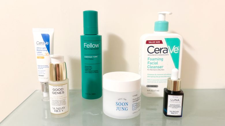 Bottles of skin care that writer uses on top of counter