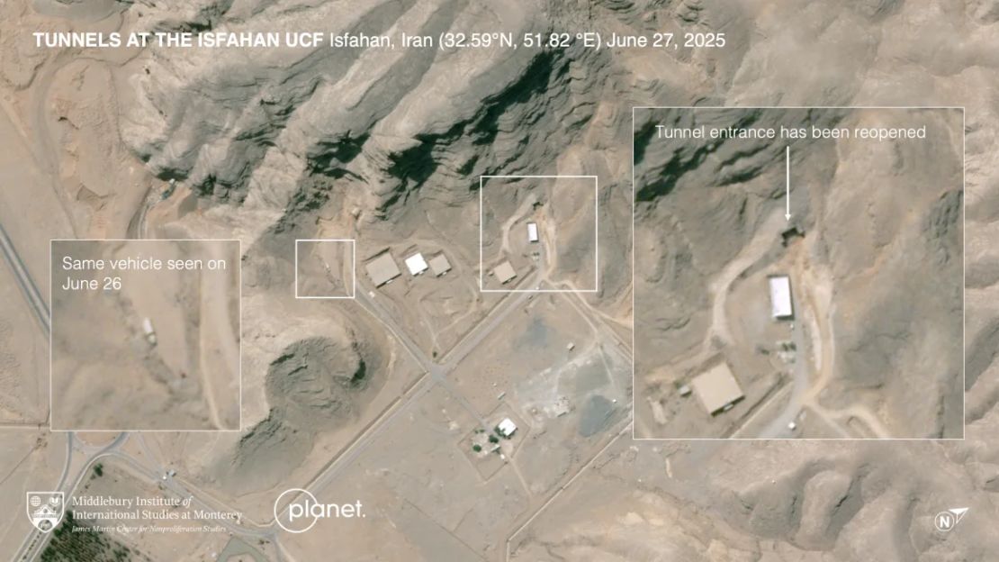 Esta imagen de Planet Labs proporcionada por el Instituto Middlebury de Estudios Internacionales en Monterey muestra el Centro de Investigación de Tecnología Nuclear de Isfahán el 27 de junio.