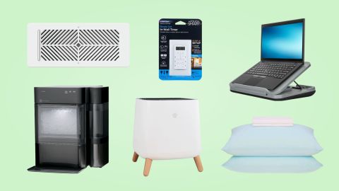 Six smart home products on a green background.