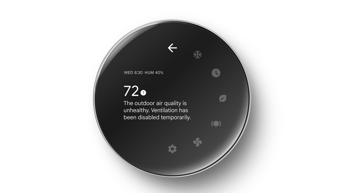 Nest Learning Thermostat with message "The outdoor air quality is unhealthy. Ventilation has been disabled"