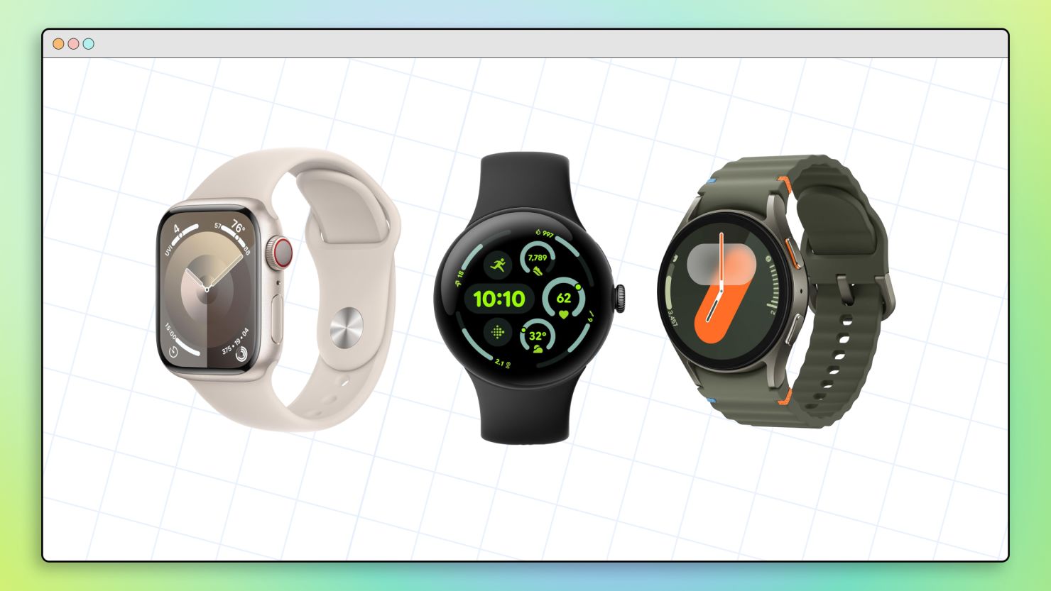 (L to R) an Apple Watch, Pixel Watch and a Galaxy Watch in a collage graphic that uses a desktop window graphic background