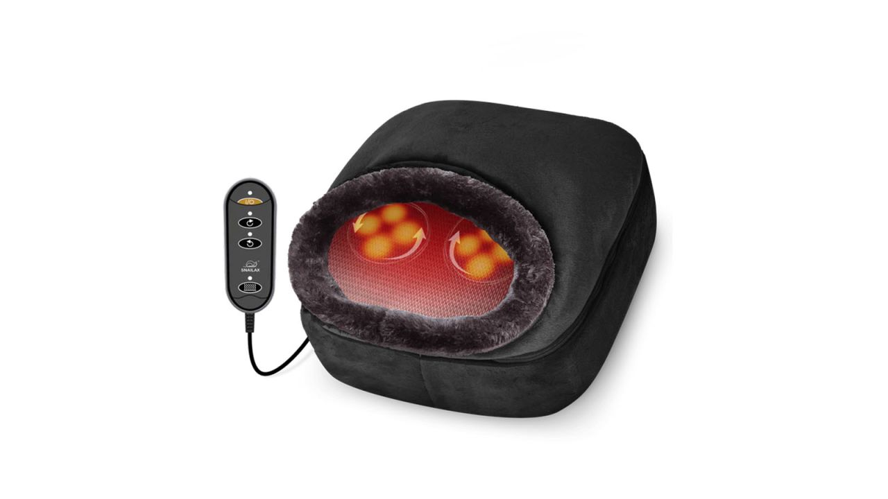 Foot massager with feet compartment red, showing warmth, and wired remote attached.