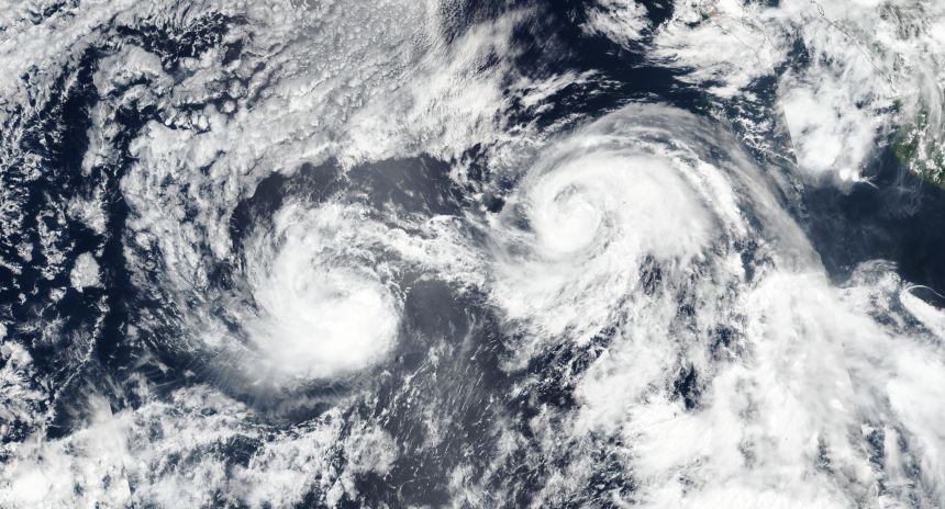 In July 2017, Hurricane Irwin (left) and Hurricane Hilary (right) experienced the Fujiwhara effect and rotated around one another.