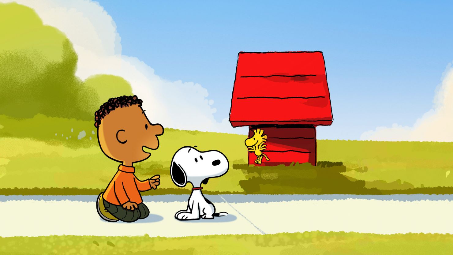 Franklin Armstrong, Snoopy and Woodstock in "Snoopy Presents: Welcome Home, Franklin," premiering February 16, 2024 on Apple TV+.