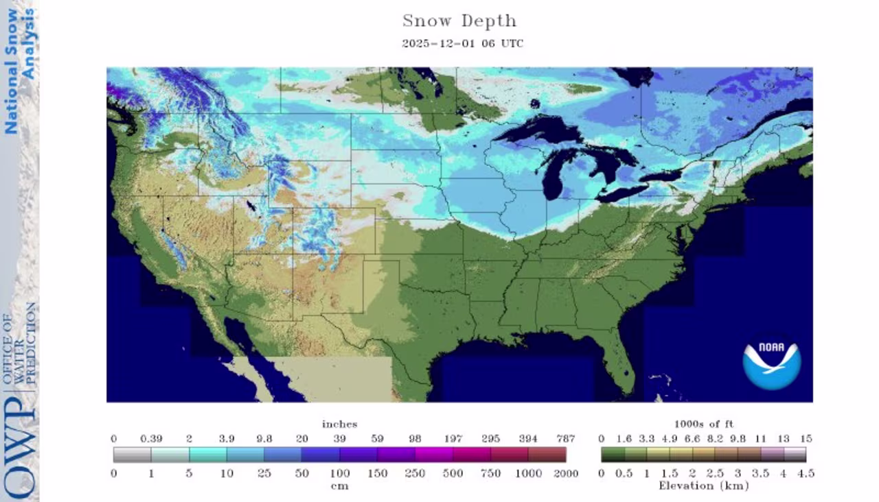 Analysis of snow cover across the US and southern Canada for December 1, 2025.
