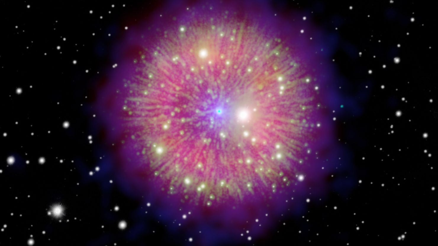 A composite image shows the remains of supernova SN 1181, a cataclysmic collision of two stars. The spherical nebula has at its center a hot white dwarf, or "zombie star," left behind after the likely merger.