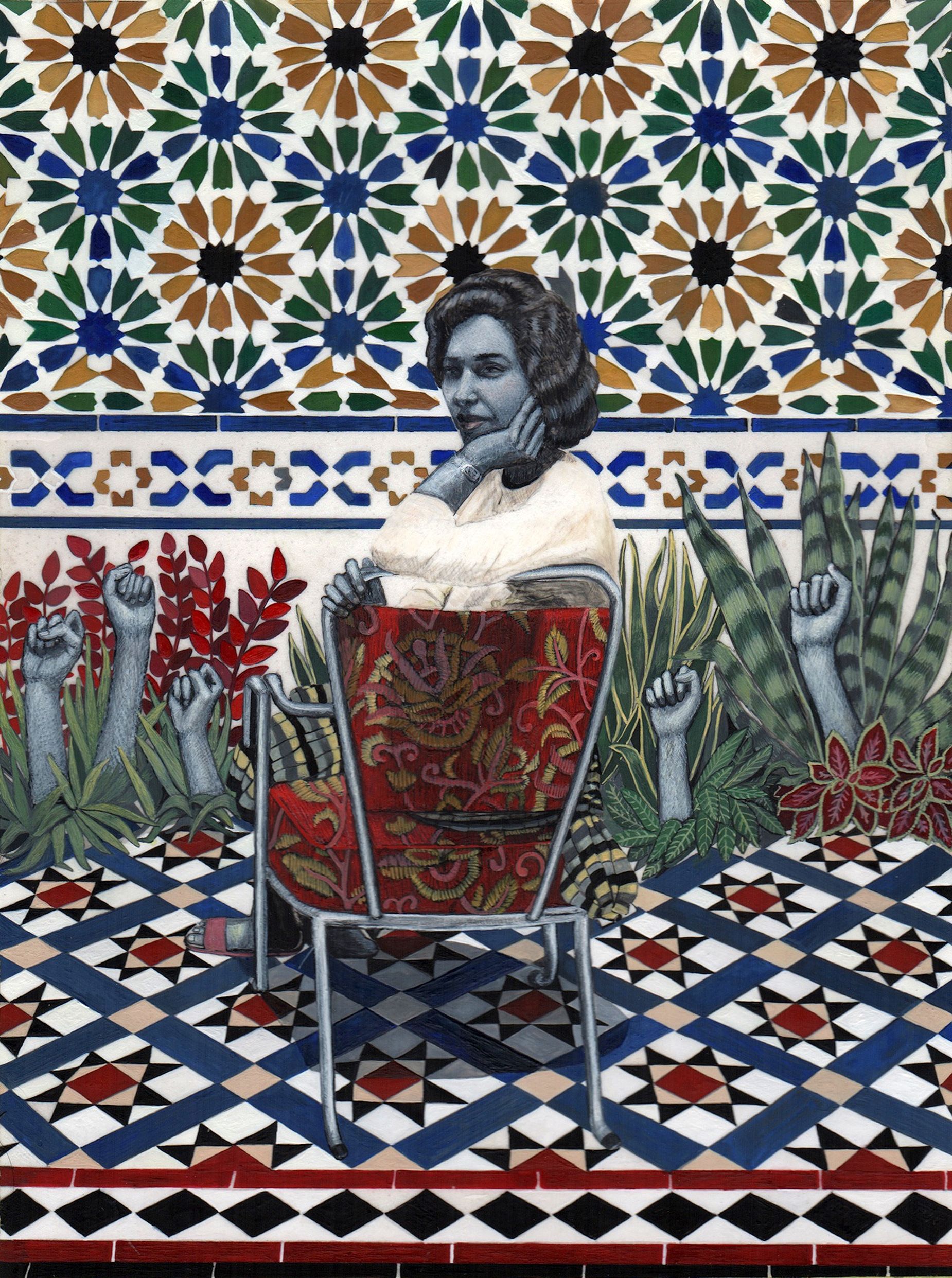 In “Conquest of the Garden,” Sokhanvari's mother can be seen sitting on a chintzy chair in a walled garden decorated in bold Islamic tiles. Fists rise up from the flowerbeds.