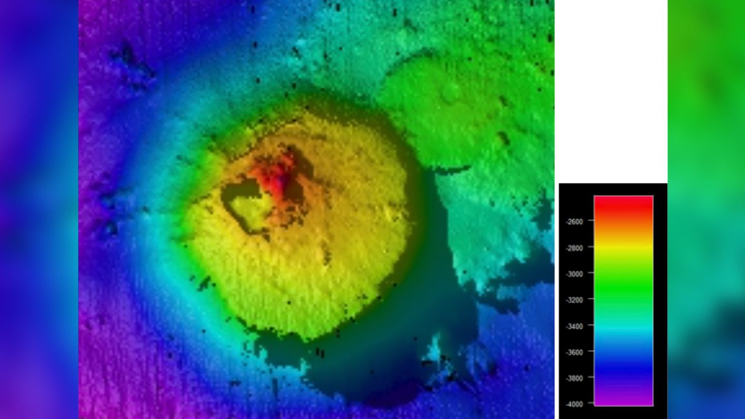 Color-graded bathymetry of the seamount that has been discovered off the coast of Guatemala. The seamount is 1,600 meters (5,249 feet) tall.
