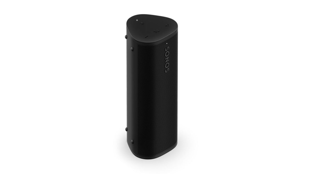 A black portable speaker on a white background.