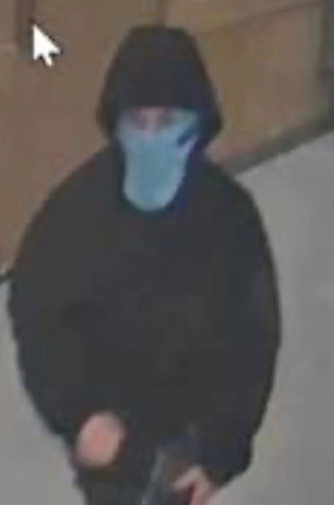 En una imagen de CCTV difundida el sábado por el Departamento de Policía de la Universidad de Harvard se ve a una persona con una mascarilla larga y una sudadera con capucha.