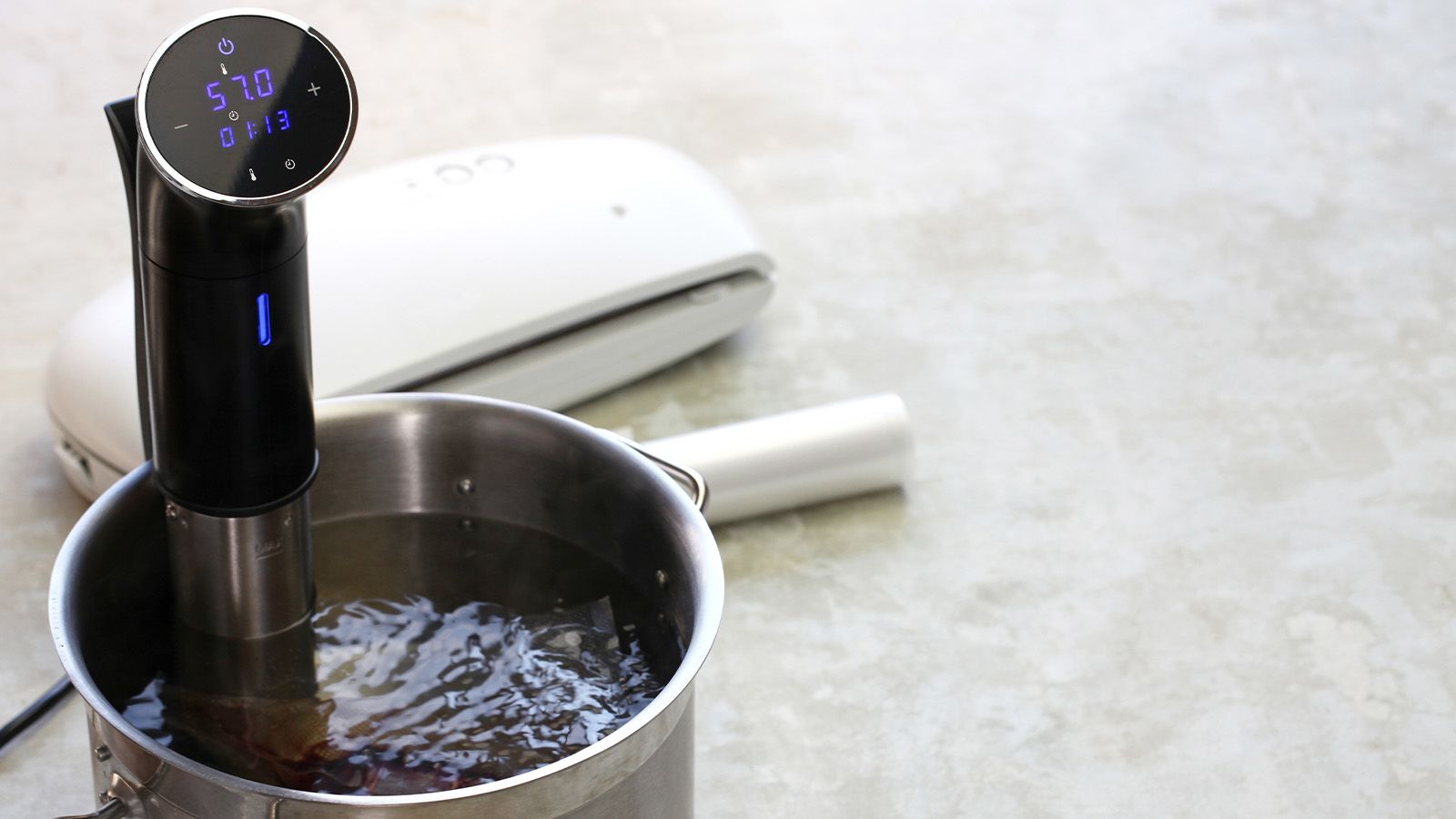 sous vide cooking in small stockpot underscored