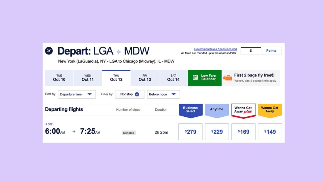 A screenshot of Southwest flight pricing on the airline's website