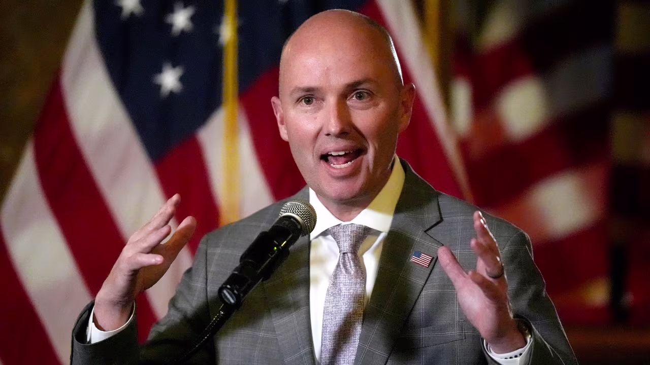 Utah Gov. Spencer Cox speaks during a news briefing in Salt Lake City on March 1.