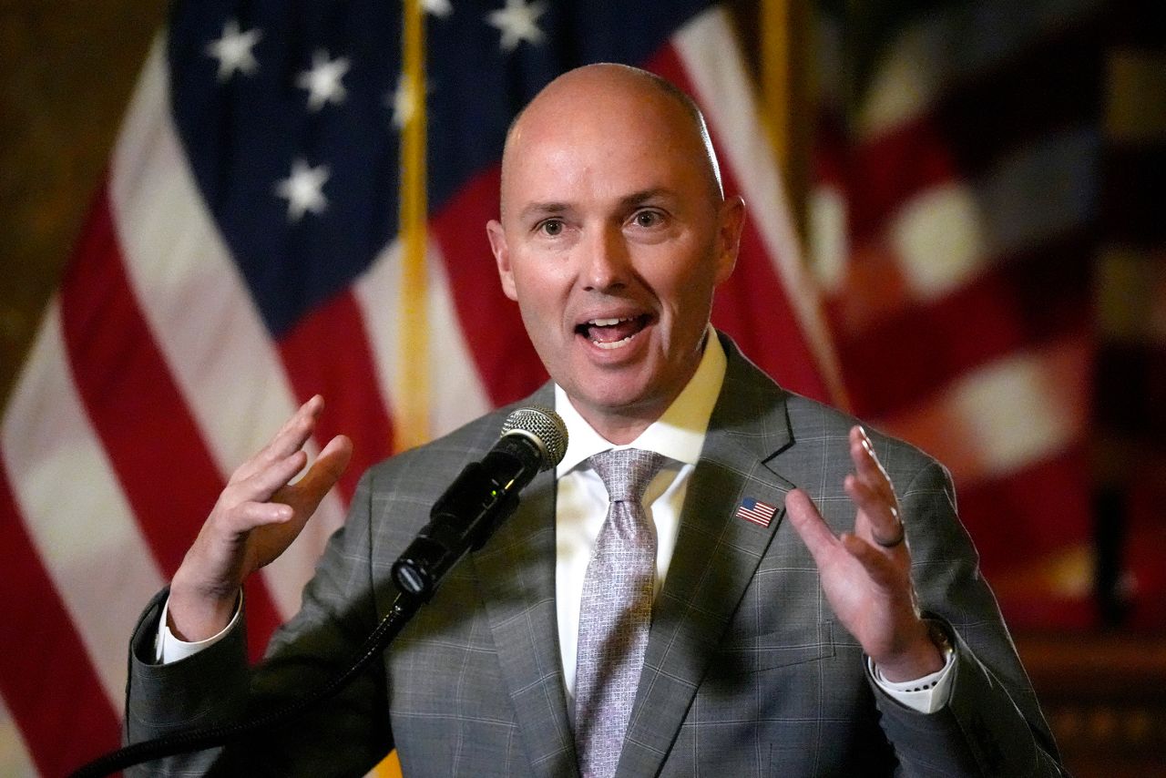 Utah Gov. Spencer Cox speaks during a news briefing in Salt Lake City on March 1.